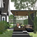 Modern Courtyard Garden With Wooden Pergola Outdoor Seating Lush Green Plants And Stone Pathway
