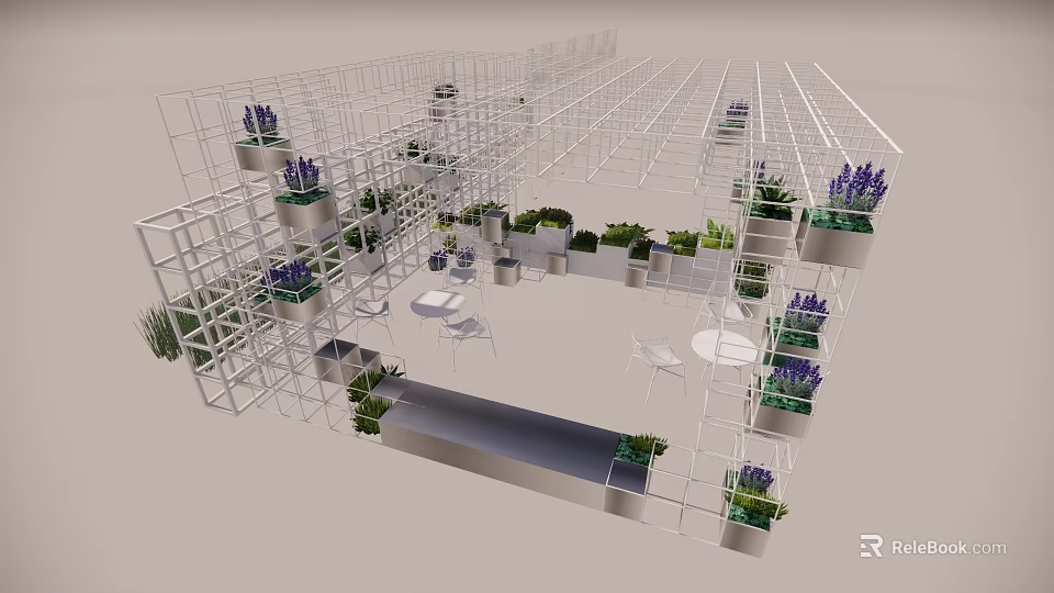 Modern Garden Landscape With Metal Grid Structure Lavender Plants And White Seating 3d model 