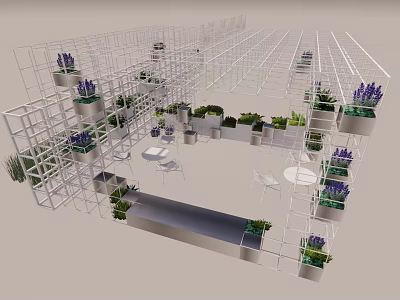 Modern Garden Landscape With Metal Grid Structure Lavender Plants And White Seating 3d model