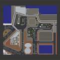 Cartoon City Scene With Tall Buildings Roads Plaza And Water Pool