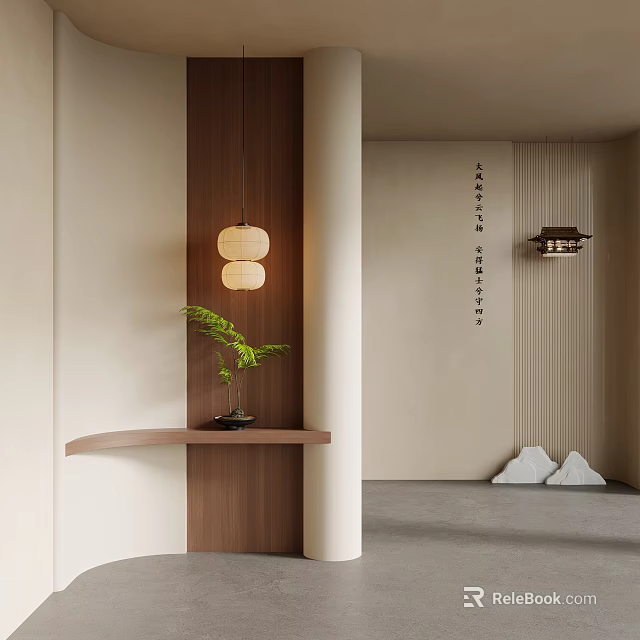Minimalist Interior Design With Wooden Wall Hanging Lantern Green Plant And Stone Ornaments 3d model 