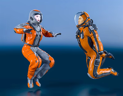 Man Floating In Orange Spacesuit Against Blue Outer Space Background 3d model