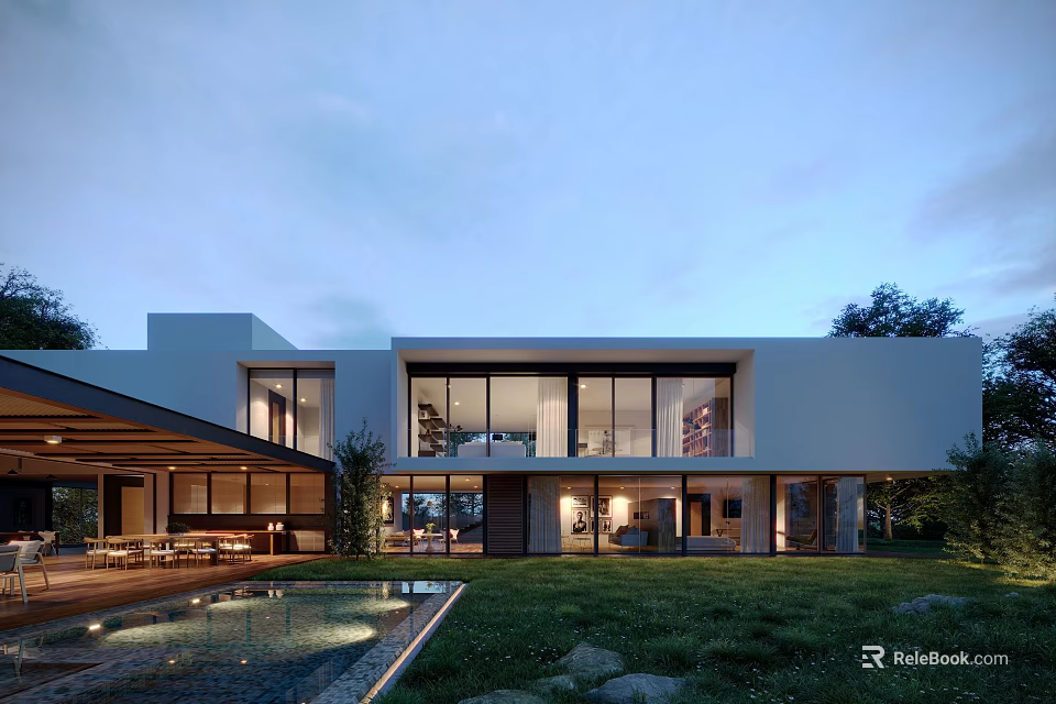 Modern Detached Villa With Open Layout Floor to Ceiling Windows Swimming Pool And Lawn 3d model 