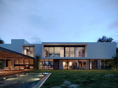 Modern Detached Villa With Open Layout Floor to Ceiling Windows Swimming Pool And Lawn 3d model