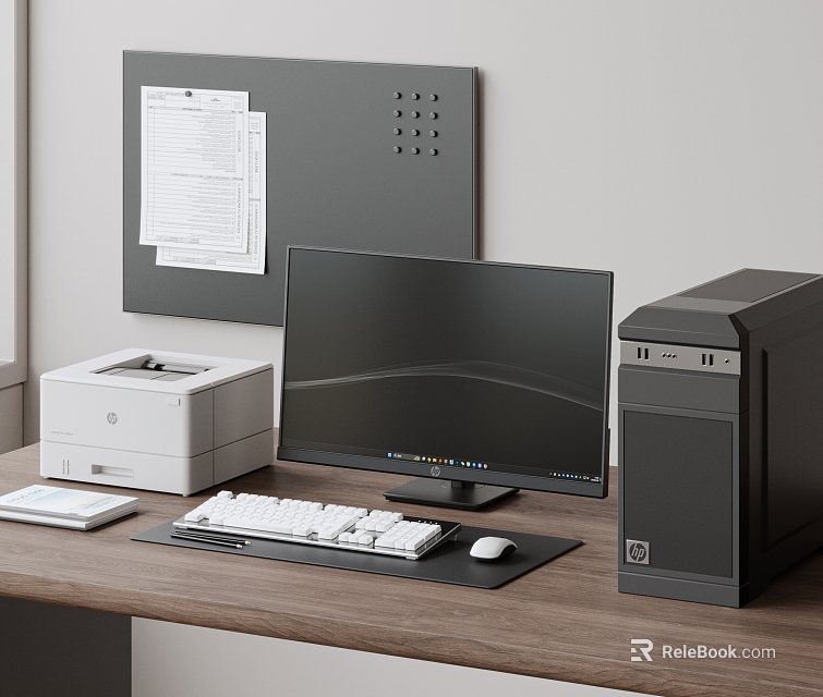 Office Desk Setup With Desktop PC Monitor Keyboard Mouse And Printer 3d model 