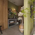 Minimalist Bedroom Interior With Green Wall Wooden Wardrobe TV Plant And Decorative Vase