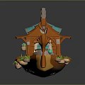 Cartoon Style Orange Water Vehicle With Small Cabin Plants Barrels And String Lights
