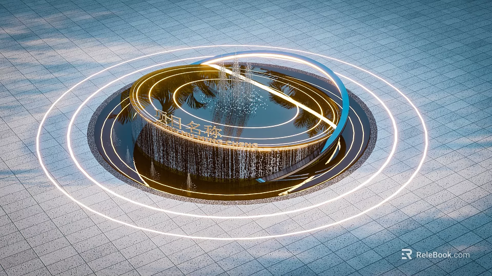 Modern Garden Landscape with Circular Water Feature Illuminated Rings and Central Fountain on Paved Ground 3d model 