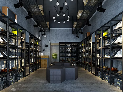 Modern Shoe Store With Shelves Displaying Various Footwear And Interior Lighting 3d model