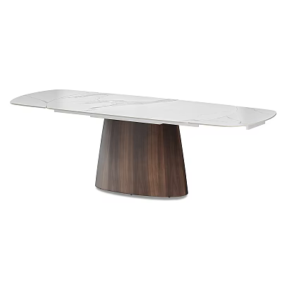 Modern Dining Table With Light Colored Marble Surface And Dark Wooden Cylindrical Base 3d model