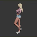 Blonde Woman In Pink Shirt And Blue Denim Shorts With White High Heels Standing