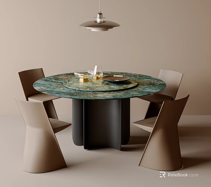 Modern Round Dining Table Set With Green Marble Top And Four Light Brown Chairs 3d model 