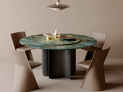 Modern Round Dining Table Set With Green Marble Top And Four Light Brown Chairs 3d model