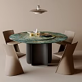 Modern Round Dining Table Set With Green Marble Top And Four Light Brown Chairs