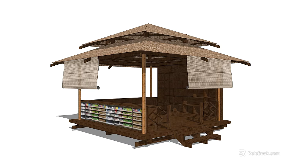 Japanese Style Wooden Pavilion With Thatched Roof And Open Bookshelf 3d model 