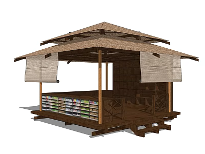 Japanese Style Wooden Pavilion With Thatched Roof And Open Bookshelf 3d model