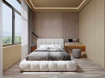 Modern Bedroom Interior Design With Wooden Wall Paneling White Headboard Gray Bedding And Natural Light 3d model