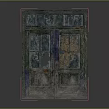 Old Weathered Wooden Double Door With Peeling Green Blue Paint And Broken Glass