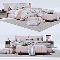 Modern Double Bed Interior With Soft Bedding Nightstand Ottoman And Teddy Bear 3d model
