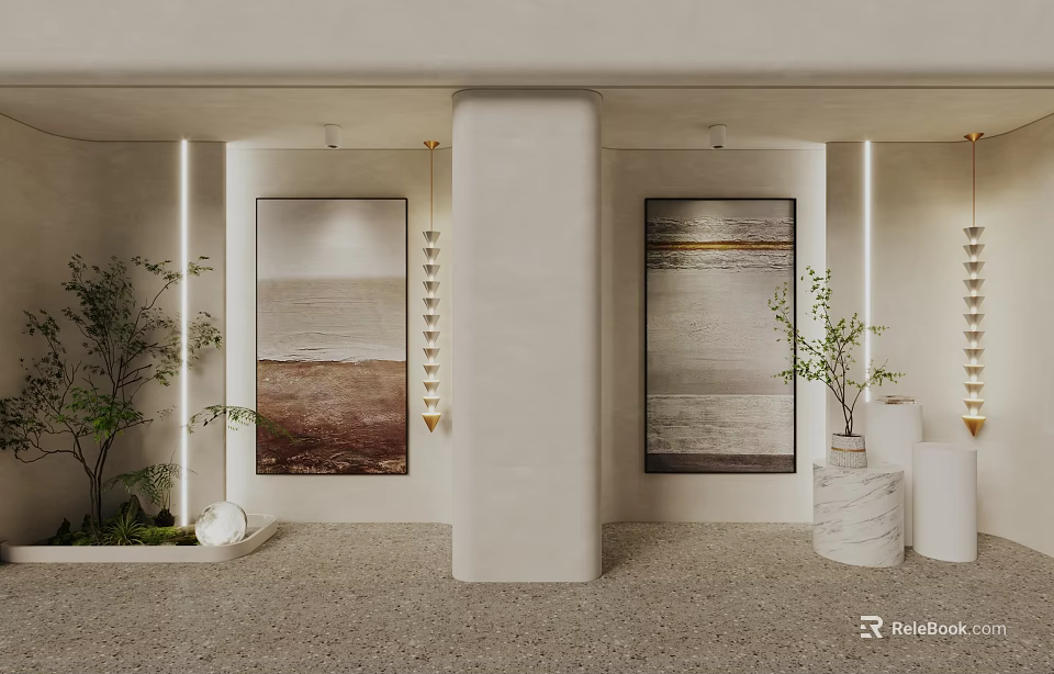 Minimalist Hallway Interior With Artwork Plants And Concrete Columns 3d model 