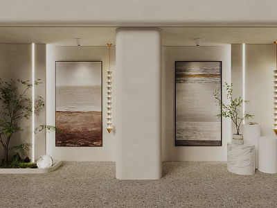 Minimalist Hallway Interior With Artwork Plants And Concrete Columns 3d model