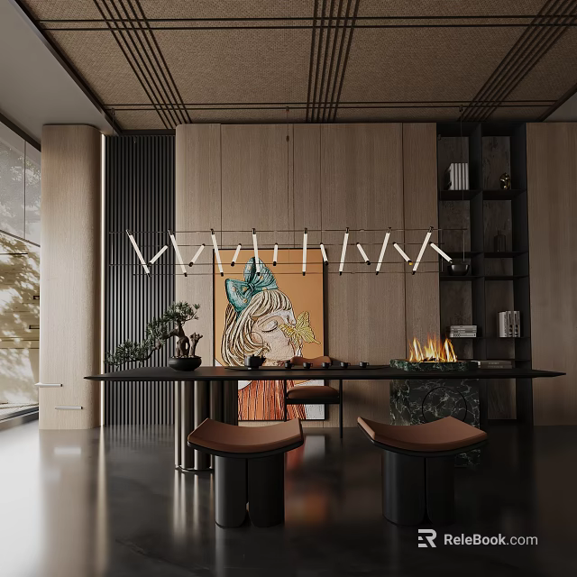 Elegant Modern Dining Table Set With Dark Table Brown Stools Wooden Cabinets And Art Painting 3d model 