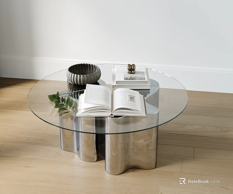 Round Glass Coffee Table with Silver Metal Base Open Book Decorative Bowl and Small Plant 3d model 