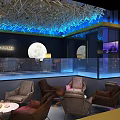 Modern Lunar Bar Interior With Open Counter Blue Lighting Fish Tank And Moon Decoration