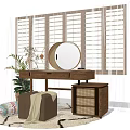 Wooden Dressing Table Interior With Round Mirror Shutter Blinds Potted Plant And Rug