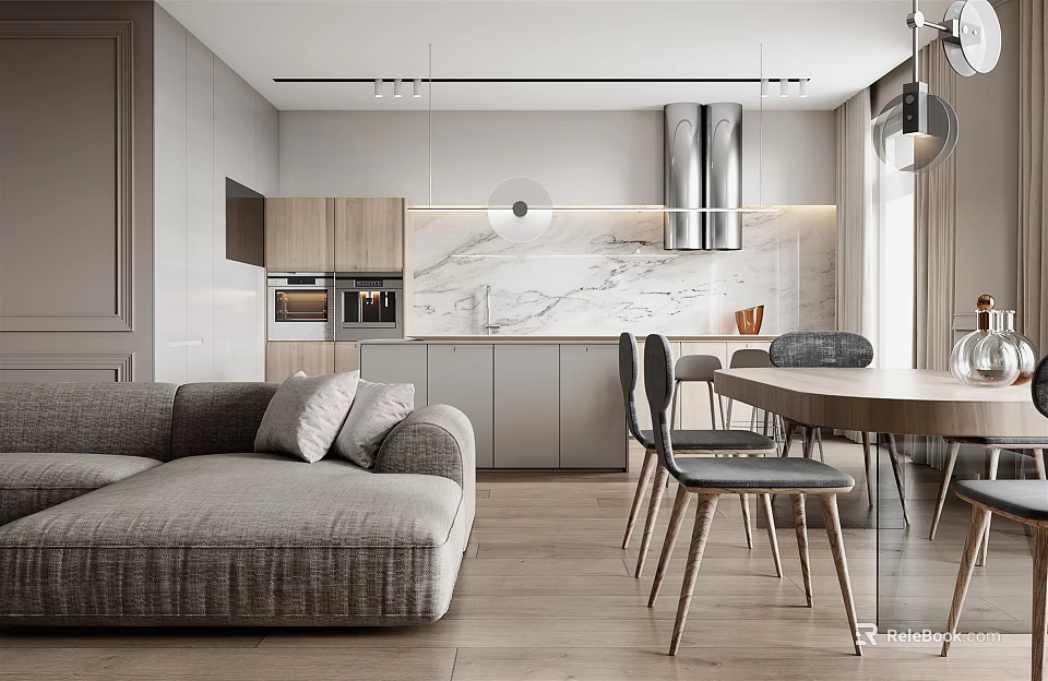 Modern Living and Dining Room Interior With Sofa Dining Table And Marble Countertop 3d model 