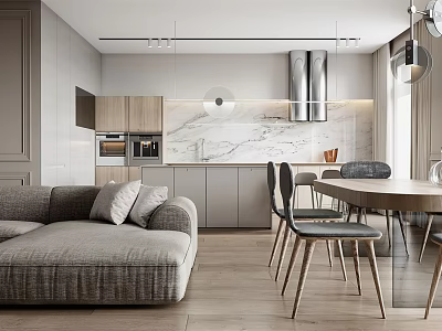 Modern Living and Dining Room Interior With Sofa Dining Table And Marble Countertop 3d model