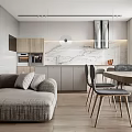 Modern Living and Dining Room Interior With Sofa Dining Table And Marble Countertop
