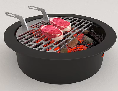 Black Round Outdoor Charcoal Grill With Steak On Grill Grate And Metal Handles 3d model