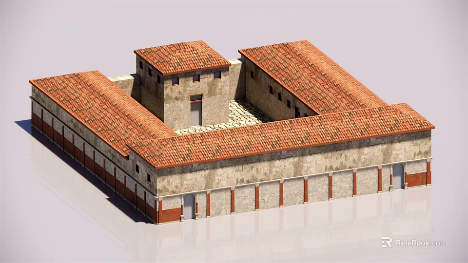 Classic European Architecture with Red Tile Roof Central Courtyard Arched Doorways and Stone Walls 3d model 