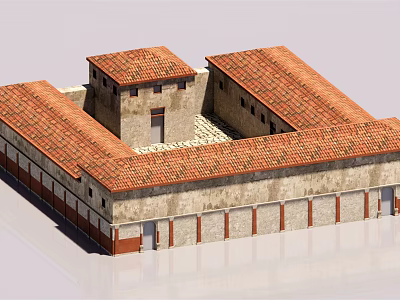 Classic European Architecture with Red Tile Roof Central Courtyard Arched Doorways and Stone Walls 3d model