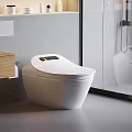 Modern Bathroom With White Smart Toilet Wooden Countertop And Glass Shower Enclosure