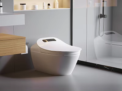 Modern Bathroom With White Smart Toilet Wooden Countertop And Glass Shower Enclosure 3d model