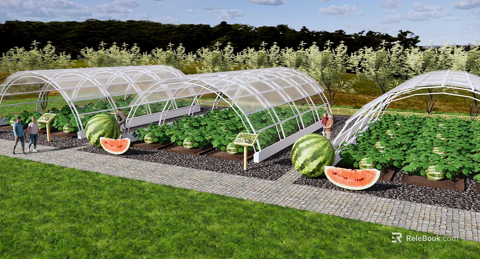 Garden Landscape Featuring Transparent Greenhouses With Watermelon And Vegetable Plants Pathway And Grass 3d model 