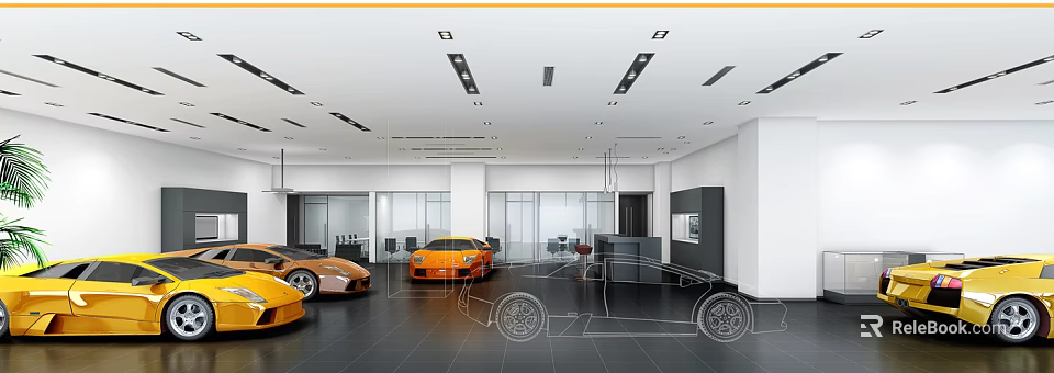Modern Car Dealership Showroom Displaying Luxury Sports Cars And Glass Walls Interior 3d model 