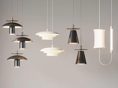 Modern Style Pendant Lights With Various Designs Hanging On White Background In Black And White 3d model