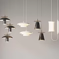 Modern Style Pendant Lights With Various Designs Hanging On White Background In Black And White