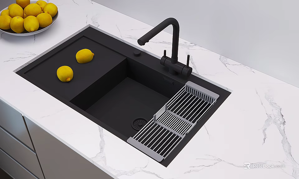 Modern Black Kitchen Faucet with Sink Drying Rack and Lemons on Marble Countertop 3d model 
