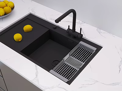 Modern Black Kitchen Faucet with Sink Drying Rack and Lemons on Marble Countertop 3d model