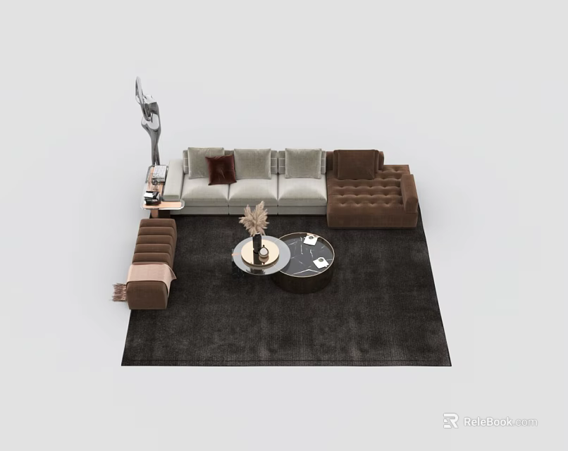 Modern Sofa Coffee Table Combination With Gray Brown Sofas Round Tables And Decorative Rug 3d model