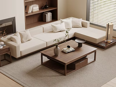 Modern L Shaped Sofa and Wooden Coffee Table Set with Light Fabric Bookshelf and Fireplace 3d model