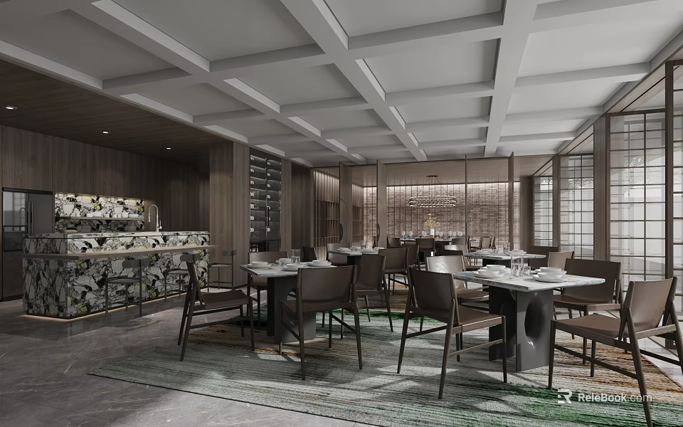 Modern Restaurant Interior With Wooden Walls Dining Tables Chairs Grid Ceiling And Decorative Countertop 3d model 