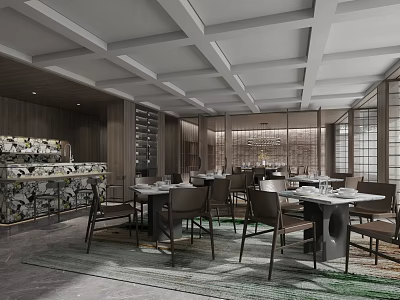 Modern Restaurant Interior With Wooden Walls Dining Tables Chairs Grid Ceiling And Decorative Countertop 3d model