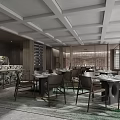 Modern Restaurant Interior With Wooden Walls Dining Tables Chairs Grid Ceiling And Decorative Countertop