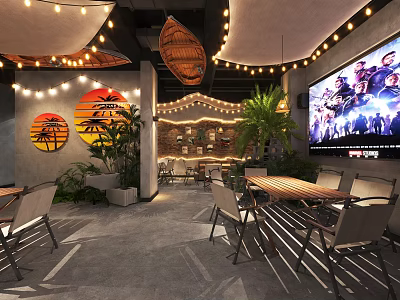 Cozy Hot Pot Restaurant Interior With Plants String Lights And TV 3d model