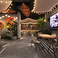 Cozy Hot Pot Restaurant Interior With Plants String Lights And TV